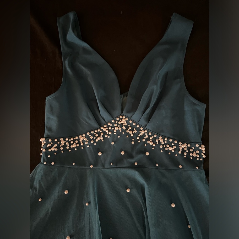 Teal Blue SHEIN pearl mesh overlay dress
